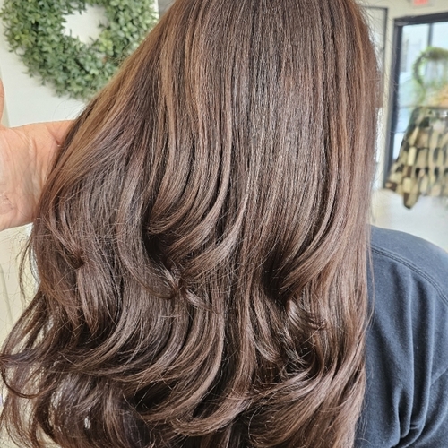A close up of a woman with long brown hair